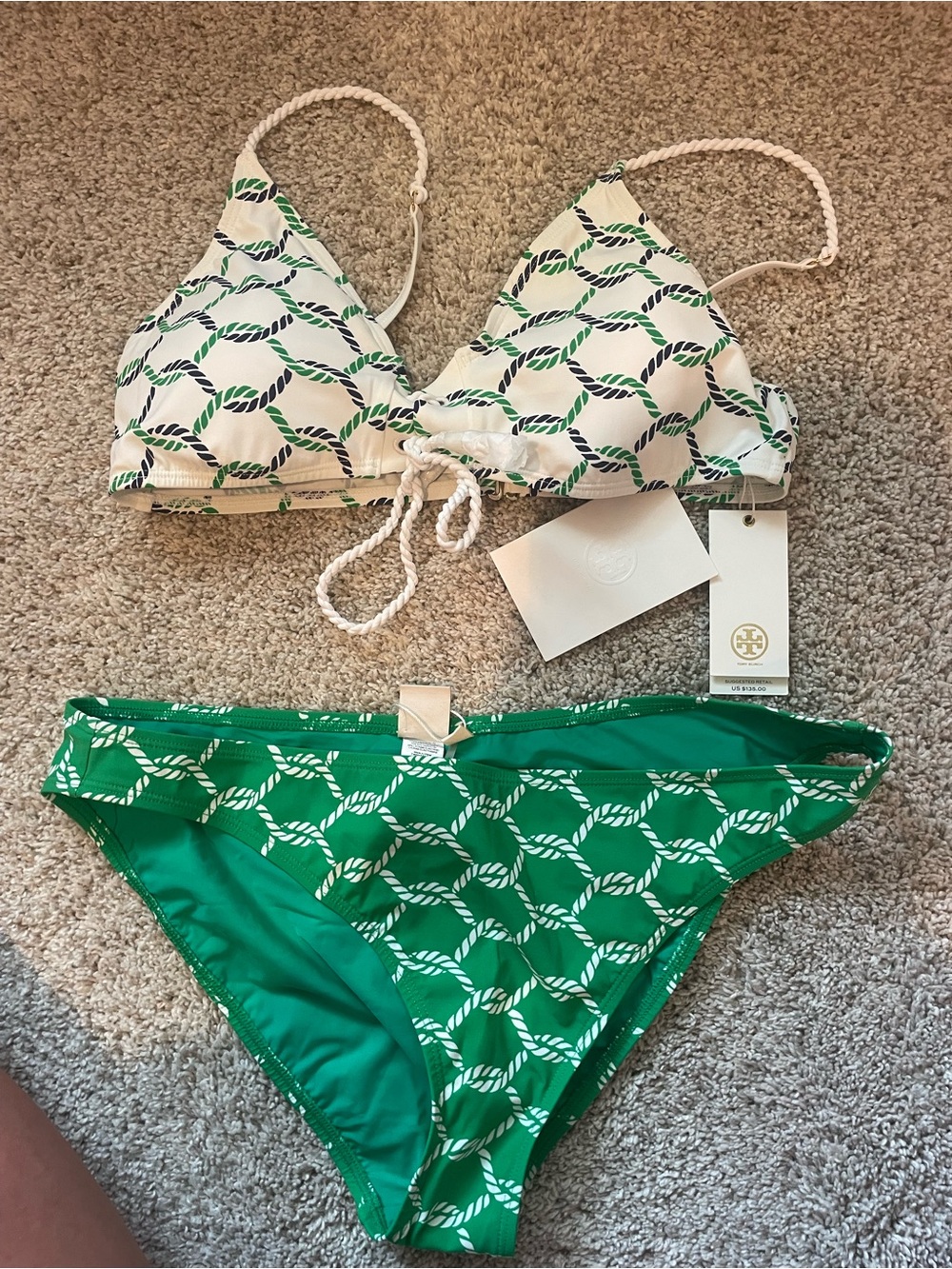 Tory Burch Green and White Rope-Print Lace-Up Top and large bottoms